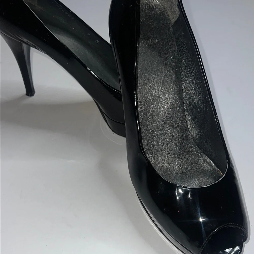 Stuart Weitzman Glossy Black Peep-Toe Heels - Picture 5 of 10